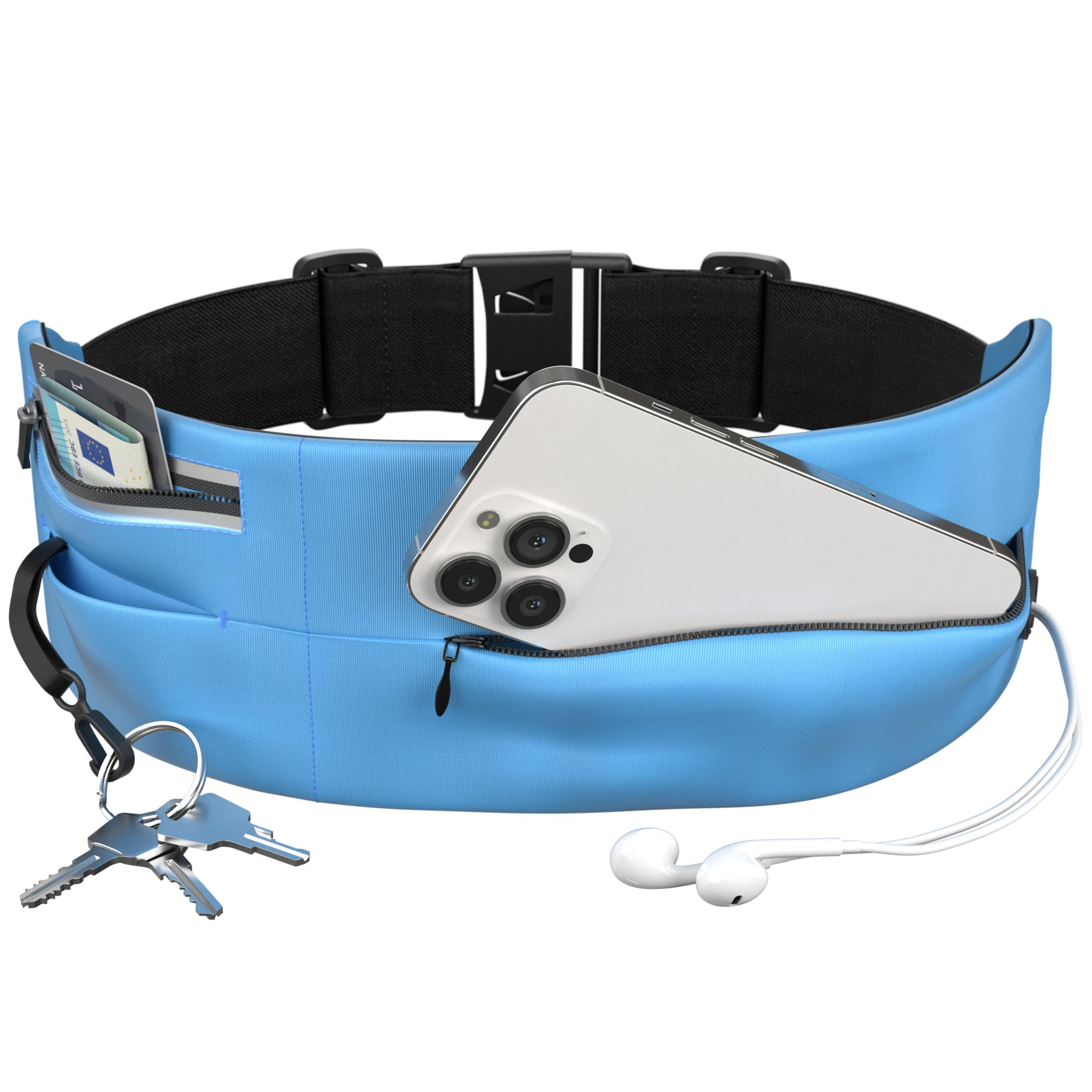 Ein blauer Laufgürtel mit Telefon, Schlüsseln und einer Brieftasche sowie Ohrhörern.