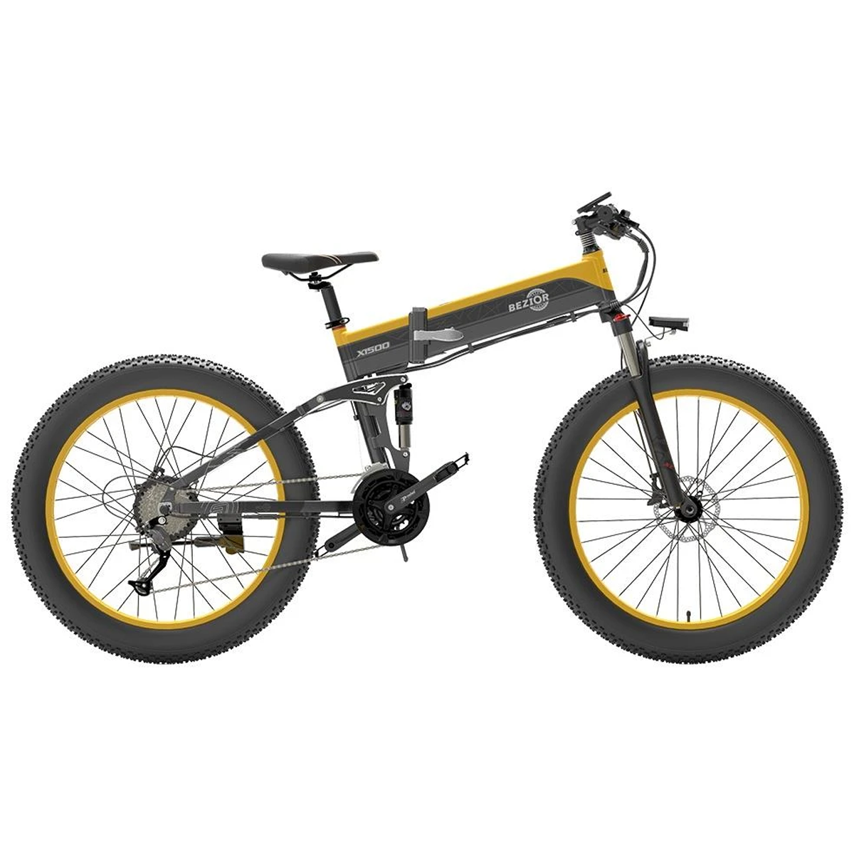 Bicicleta eléctrica amarilla y negra sobre blanco. La bicicleta tiene neumáticos grandes.
