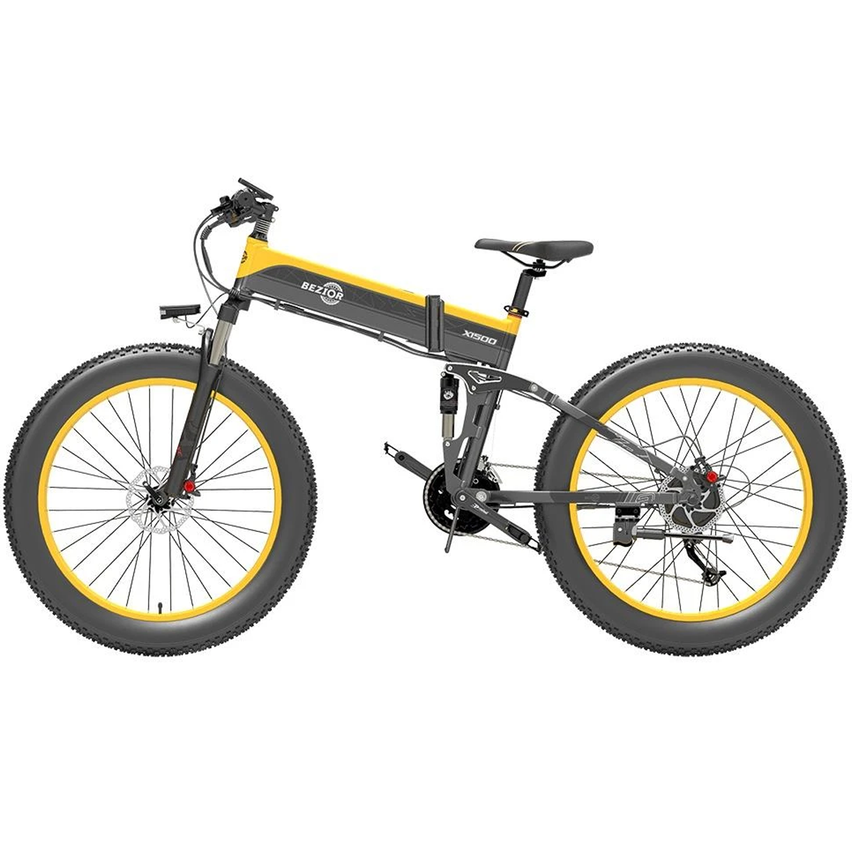 Bicicleta eléctrica plegable amarilla y negra con neumáticos grandes, aislada sobre fondo blanco.