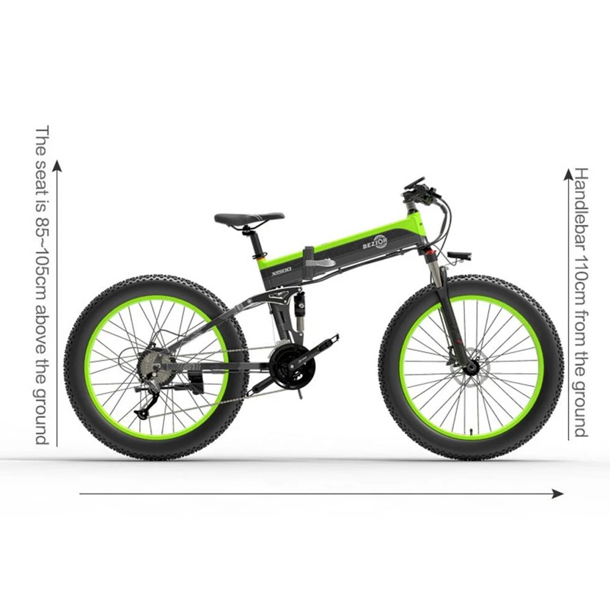 Bicicleta eléctrica de llanta ancha negra y verde, con indicadores de dimensiones. Fondo blanco.