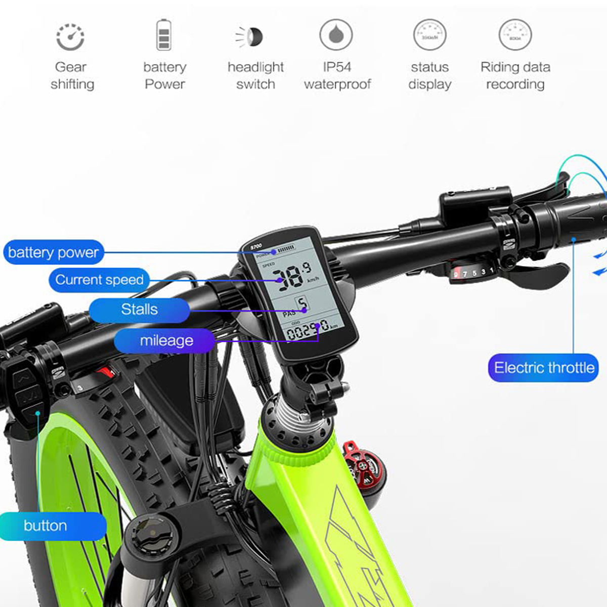 Controles de bicicleta eléctrica. Muestra velocidad, batería y datos de conducción. Cuadro de bicicleta verde.