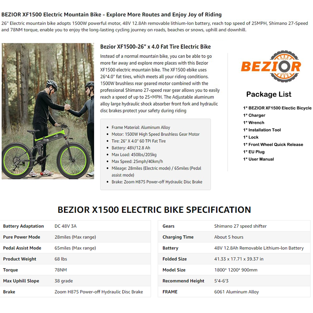 Anuncio de bicicleta de montaña. Muestra una bicicleta, estadísticas y texto sobre la bicicleta.