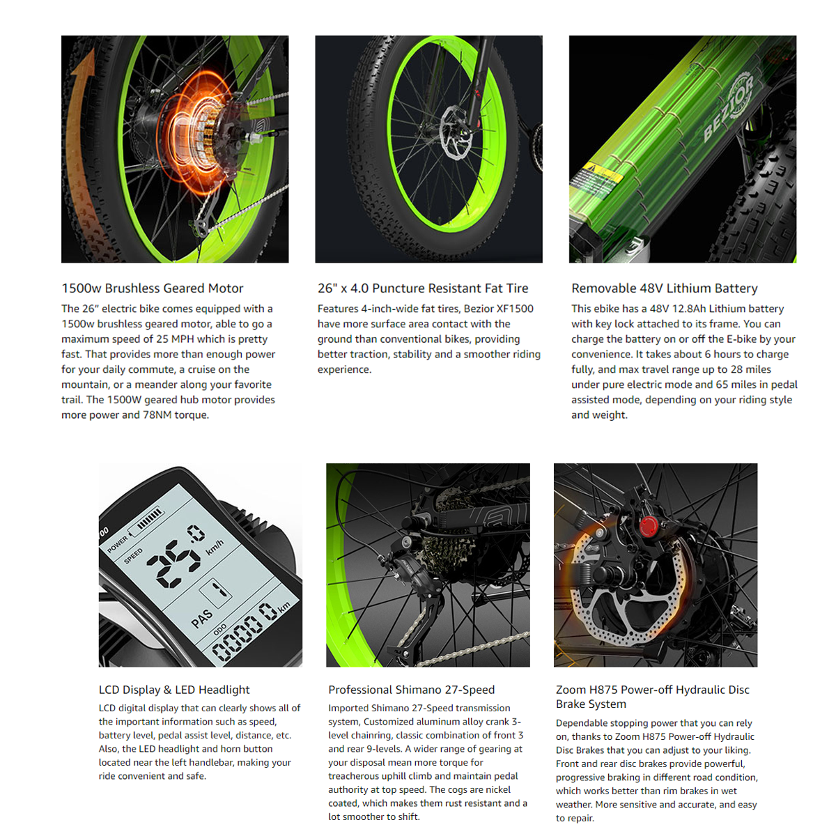 Componentes de e-bike: motor, neumáticos, batería, pantalla, marchas y frenos, con descripciones.