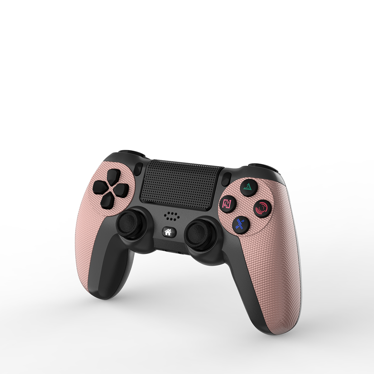 Czarny i różowo-złoty kontroler do gier. Z przodu znajdują się przyciski i joysticki.