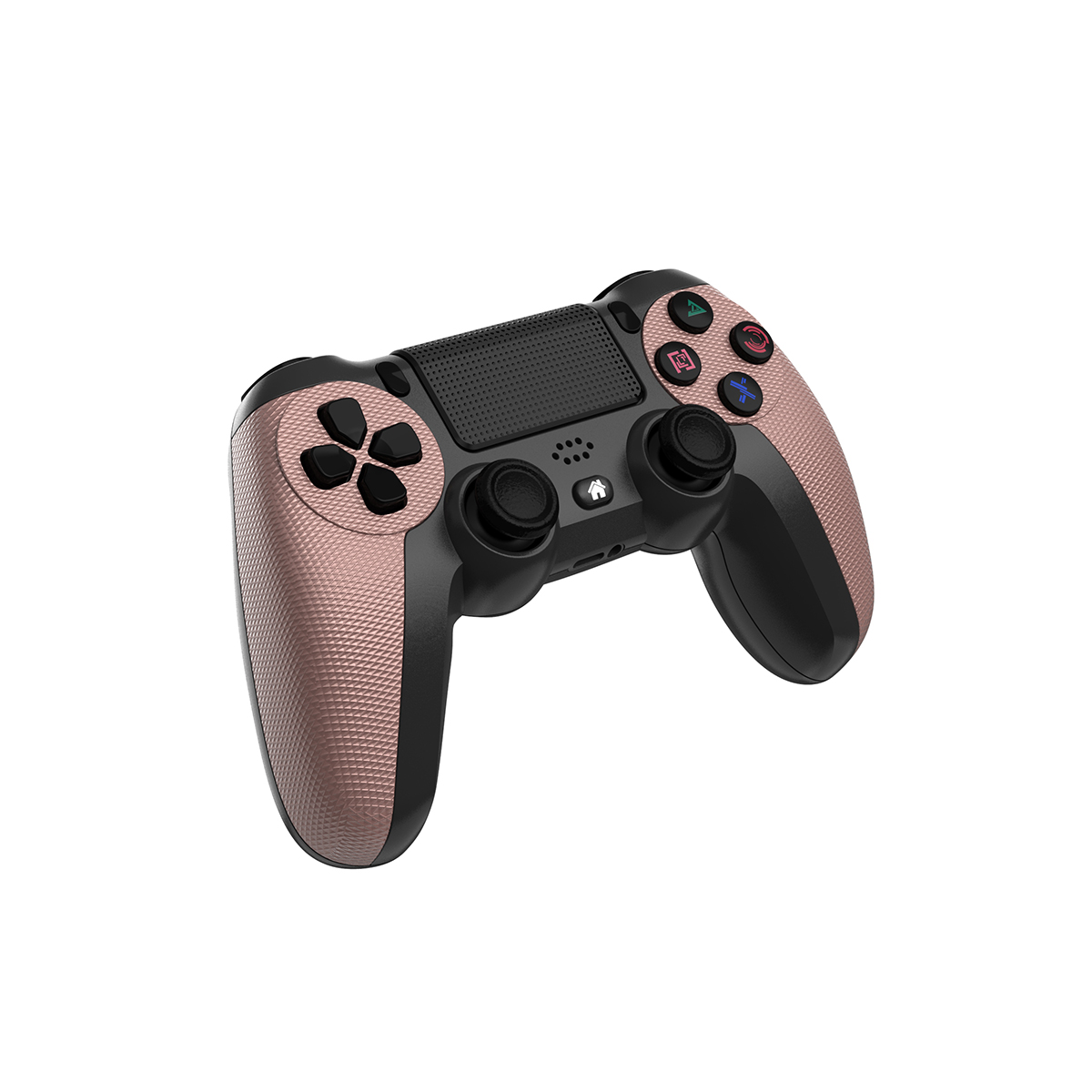 Kontroler do gier w kolorze różowego złota i czarnym. Widoczne przyciski i joysticki.