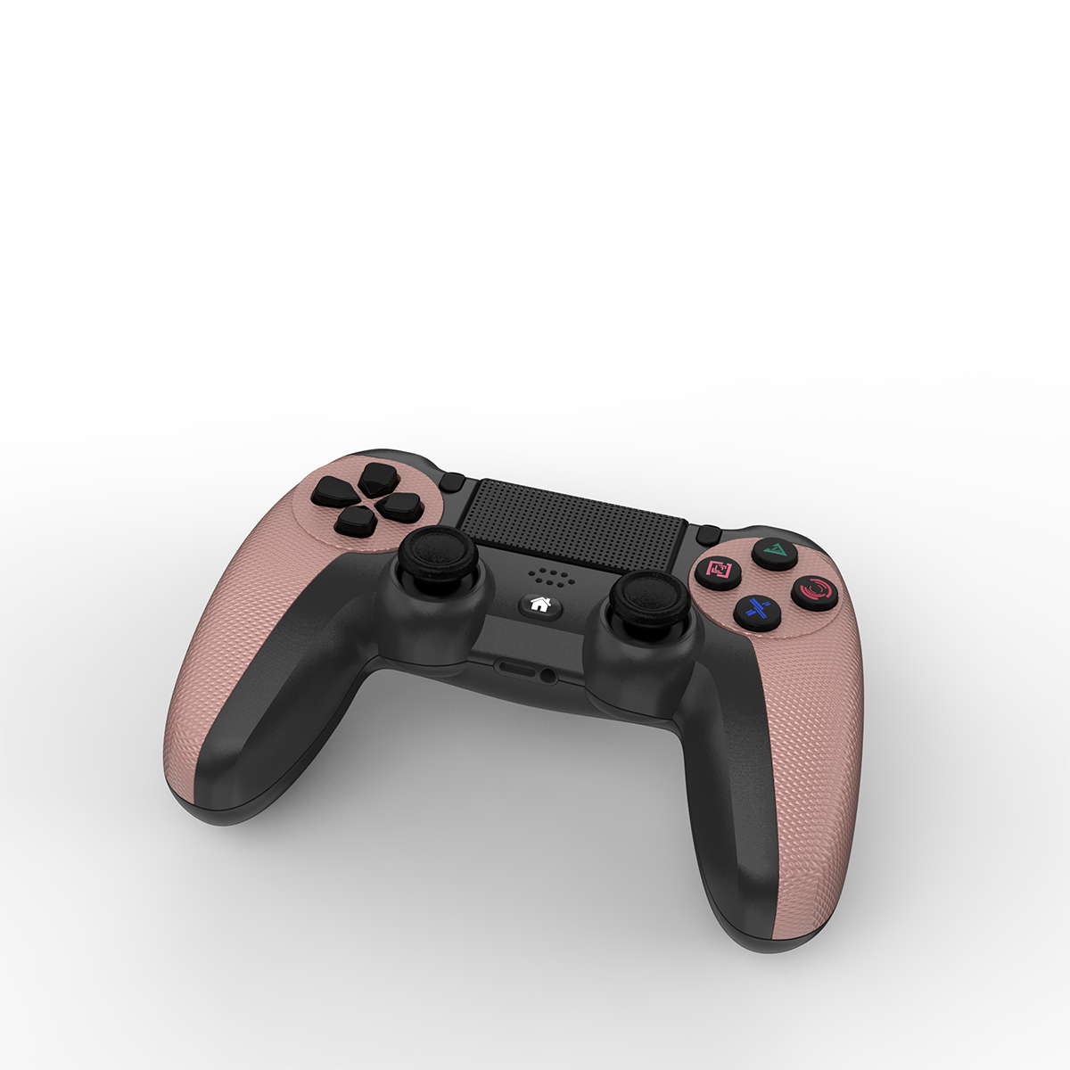 Różowo-złoty i czarny gamepad leżący na białej powierzchni.