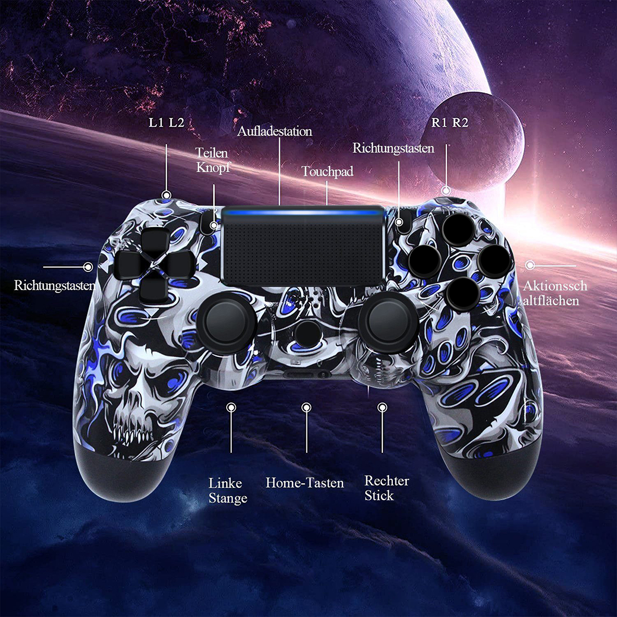 KINSI Gamepad, Bluetooth Controller, Controller Blau-Todesgeist PS4, für Gamepad, Wireless