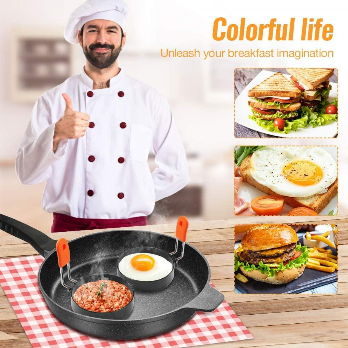 Ein Koch mit Daumen hoch und eine Pfanne mit Eierringen, die Frühstücksideen für ein 'Colorful life' bewerben.