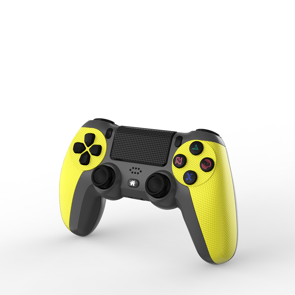 Żółto-czarny kontroler do gier na białym tle. Widoczne przyciski i joysticki.