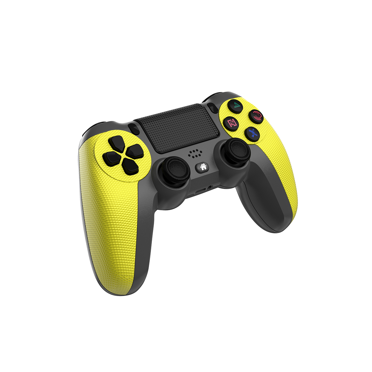 Żółto-czarny gamepad. Przyciski są czarne. Izolowany na białym tle.