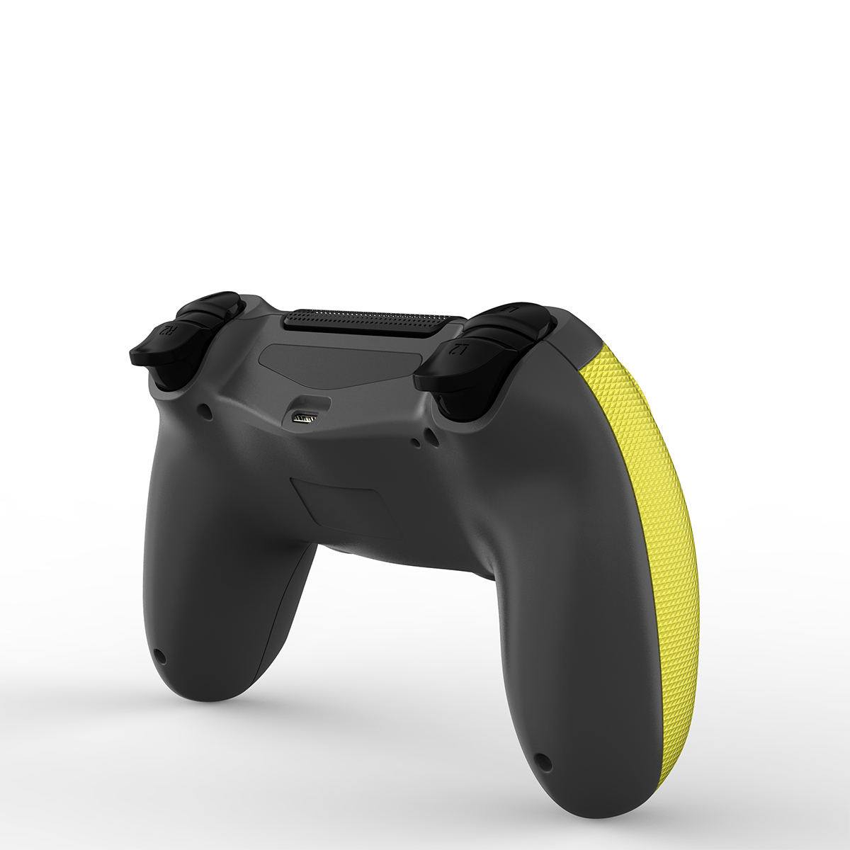 Widok z tyłu czarnego i żółtego kontrolera gier na białym tle.