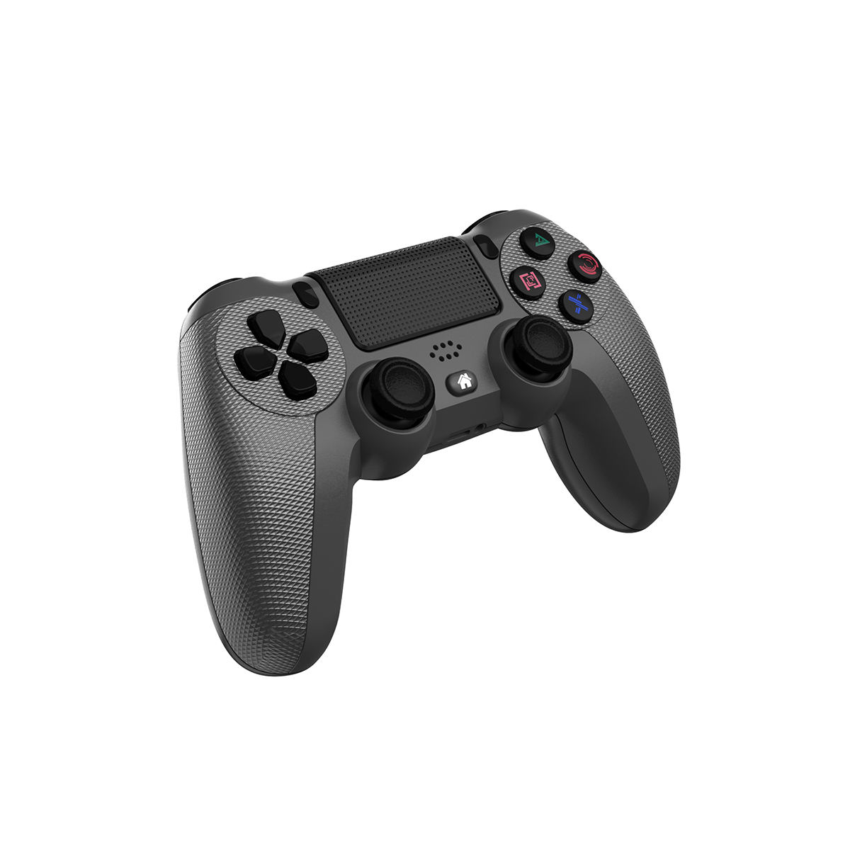 Szary kontroler do gier na białym tle, skierowany w stronę widza.