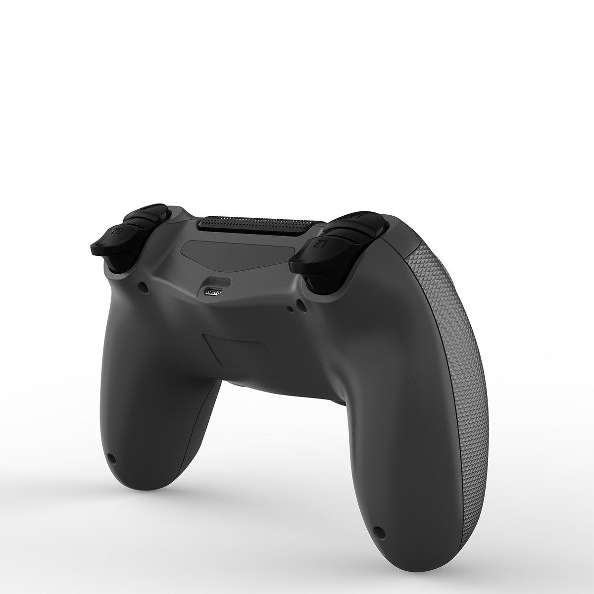 Widok z tyłu czarnego kontrolera do gier z podniesionymi gałkami analogowymi i przyciskami, białe tło.