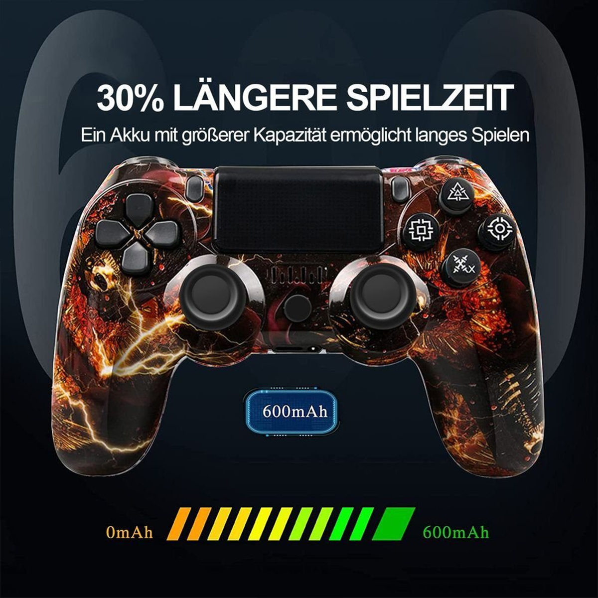 Ein Gaming-Controller mit Design, der die Akkulaufzeit anzeigt. Es zeigt eine Akkukapazität von 600 mAh.