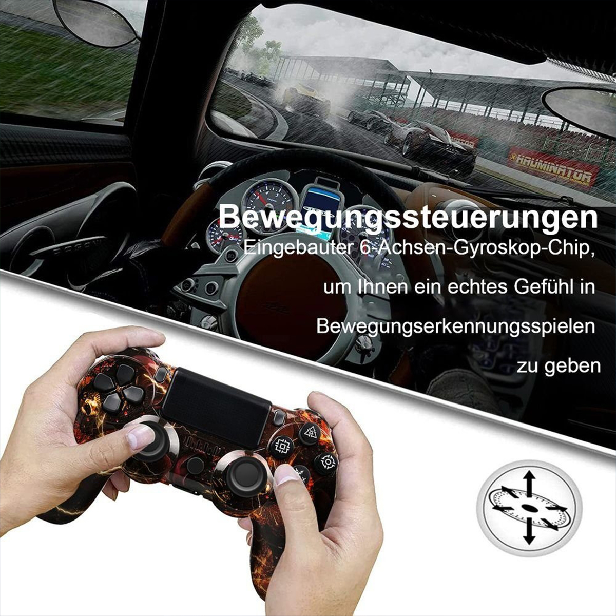 Hände halten einen Gamecontroller mit einer Autorennszene im Hintergrund.