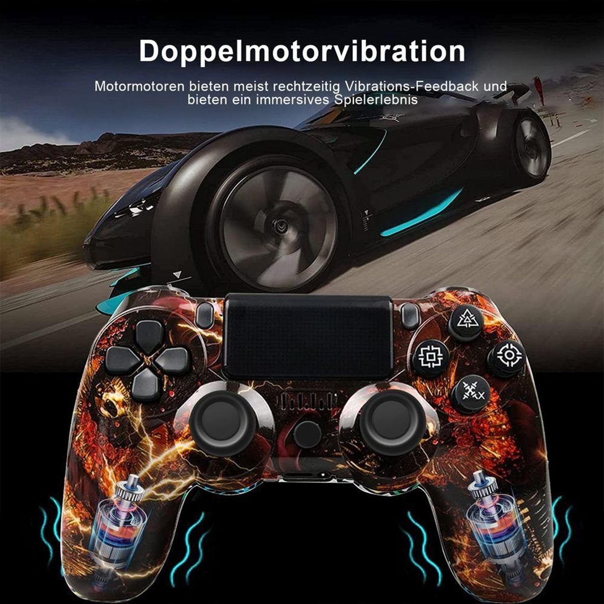 Gaming-Controller mit feurigem Design, mit einer Auto-Rennsport-Grafik im Hintergrund.