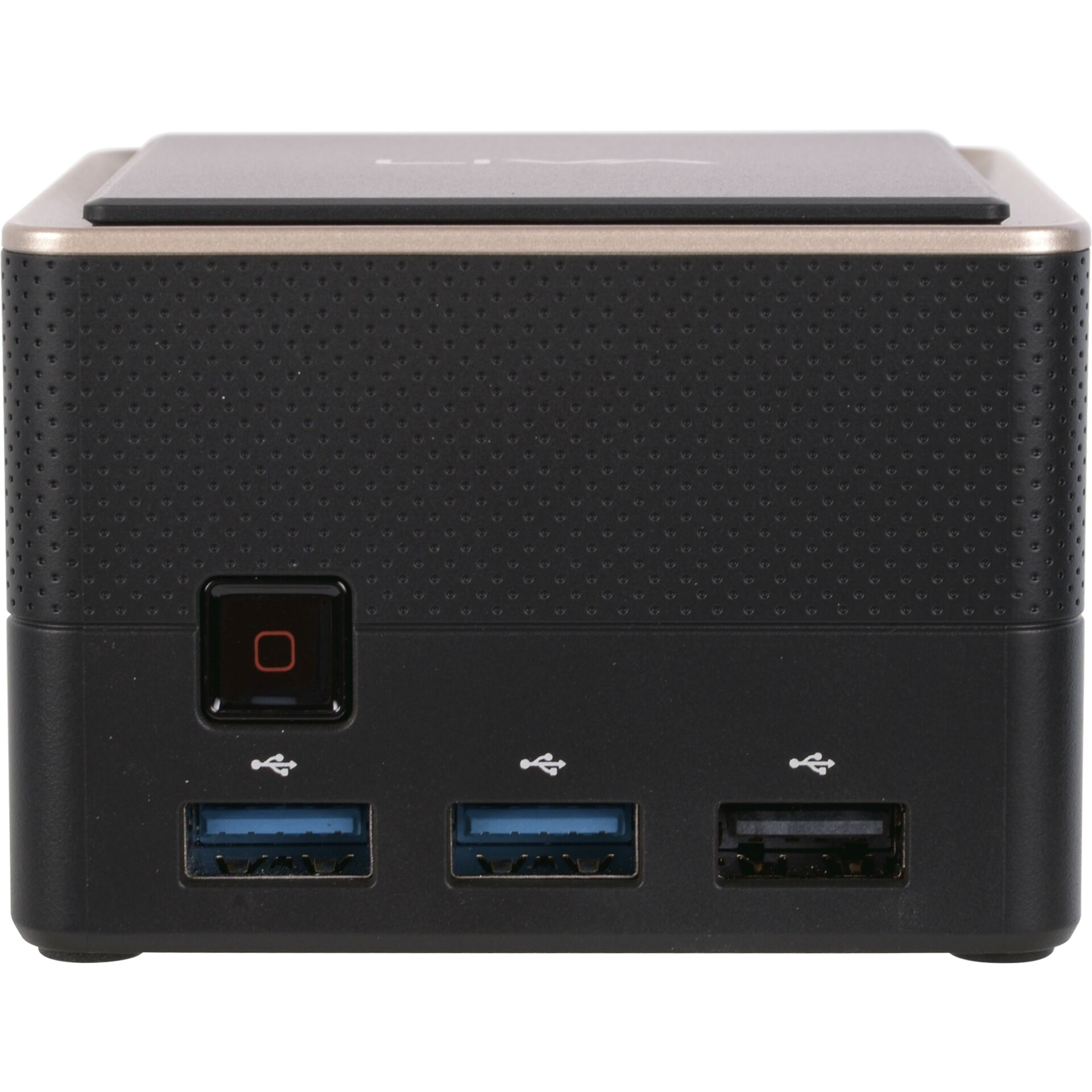 Czarny i złoty komputer z portami USB. Przycisk zasilania jest czerwony. Tło jest szare z fakturą.