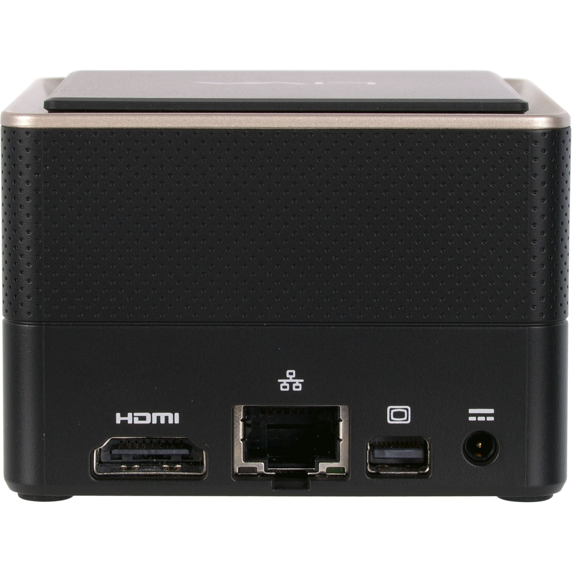 Czarny i złoty mini komputer z różnymi portami widocznymi z tyłu.