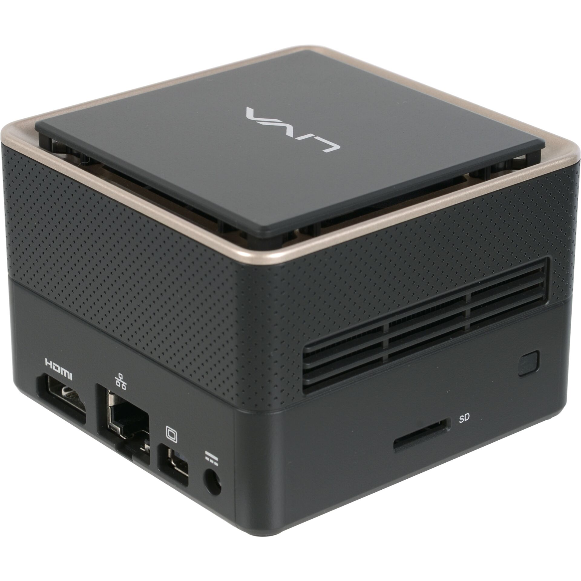 Mały, czarno-złoty komputer z portami po bokach. Ma płaski wierzch z logo.