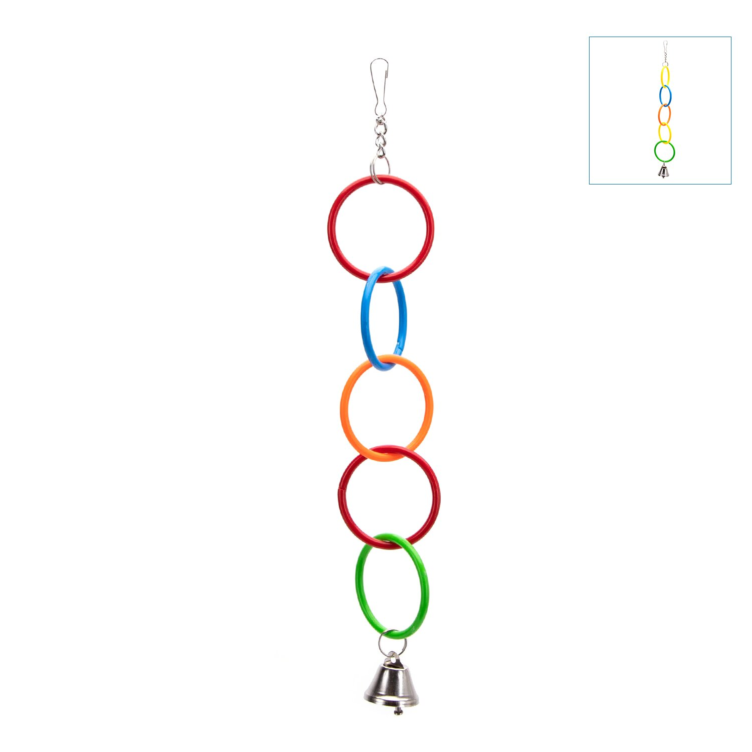 Un giocattolo per uccelli con anelli colorati, una campana d'argento e un gancio.