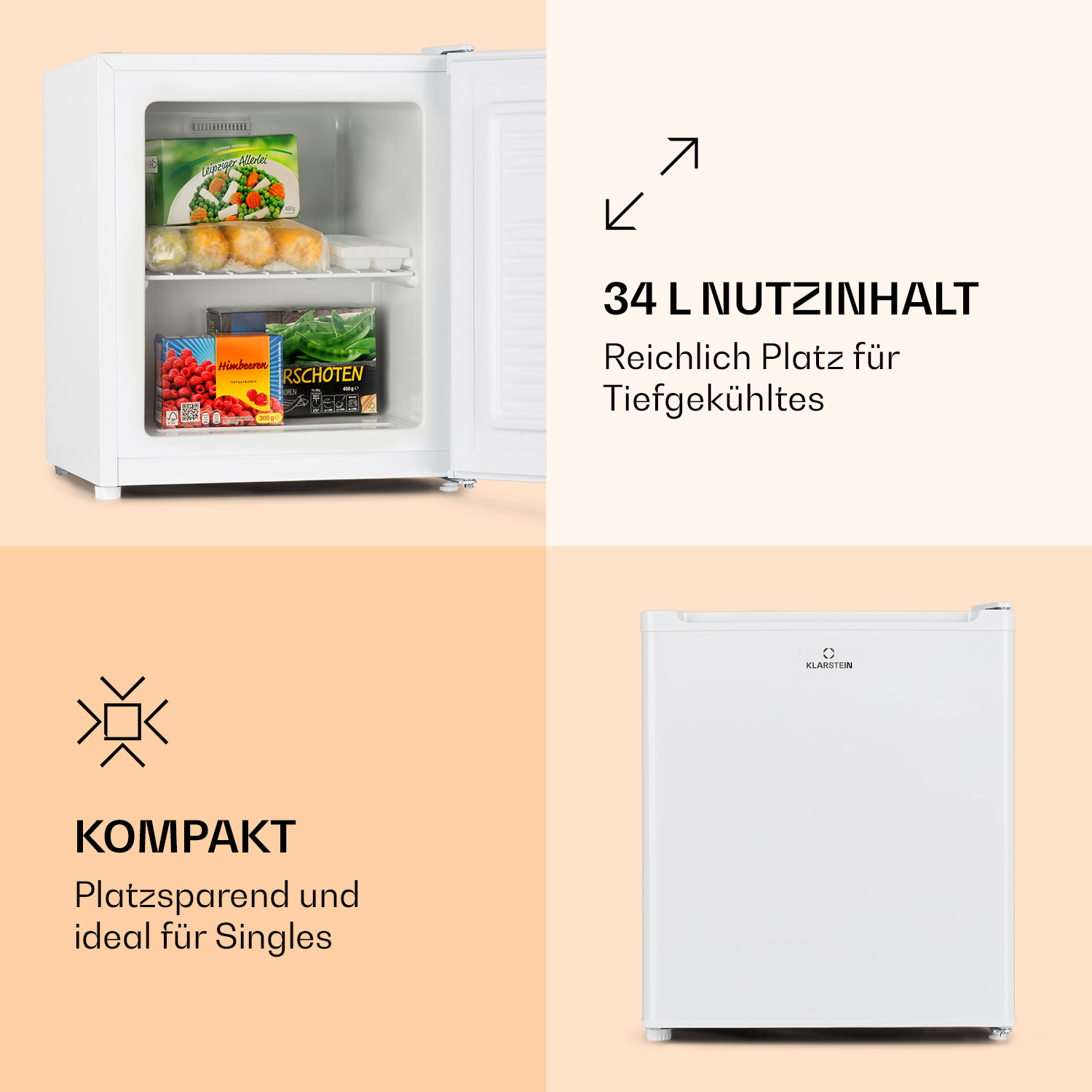 Weißer Mini-Kühlschrank mit offener Tür und Lebensmitteln, sowie ein kleineres Bild des Kühlschranks.