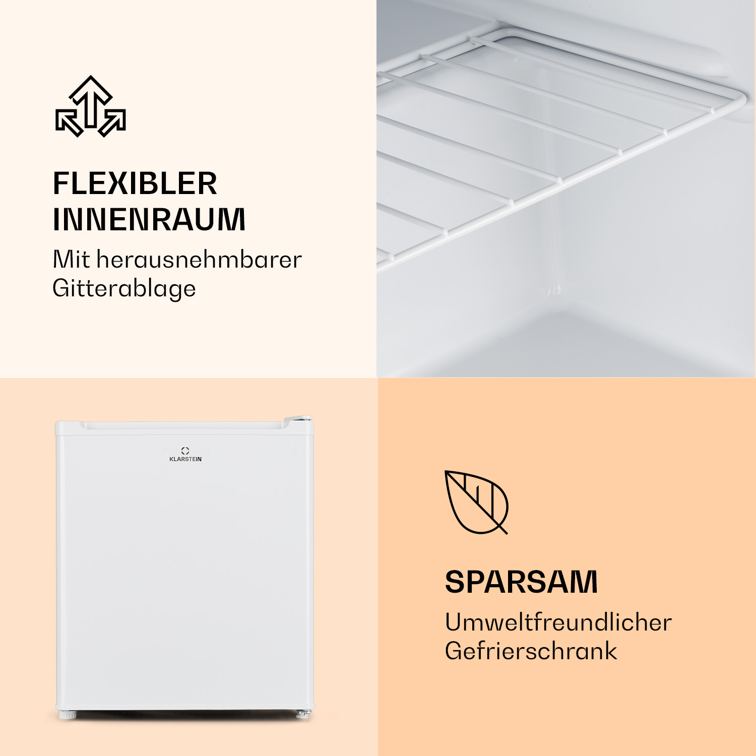 Ein weißer Mini-Kühlschrank mit einem Regal im Inneren und Text über flexible Innenausstattung.