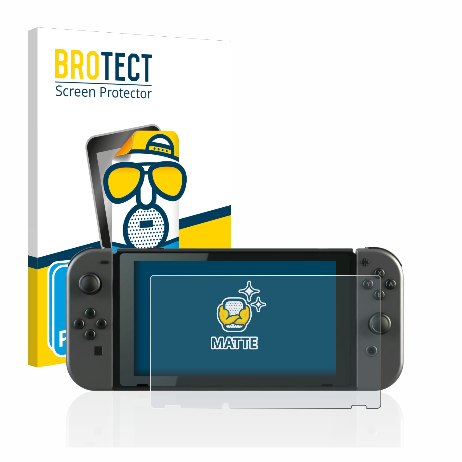 Eine Nintendo Switch mit angebrachter Displayschutzfolie und einer Box im Hintergrund.
