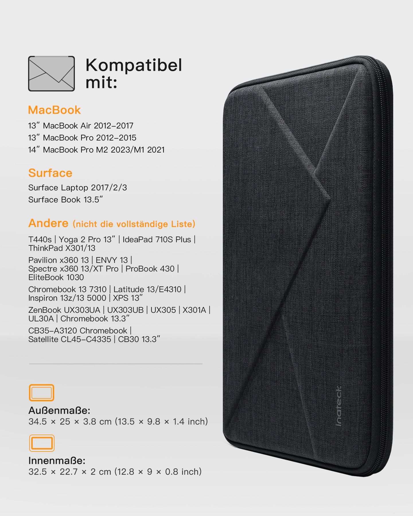 Schwarze Laptoptasche mit Text, der kompatible Laptopmodelle und Abmessungen beschreibt.