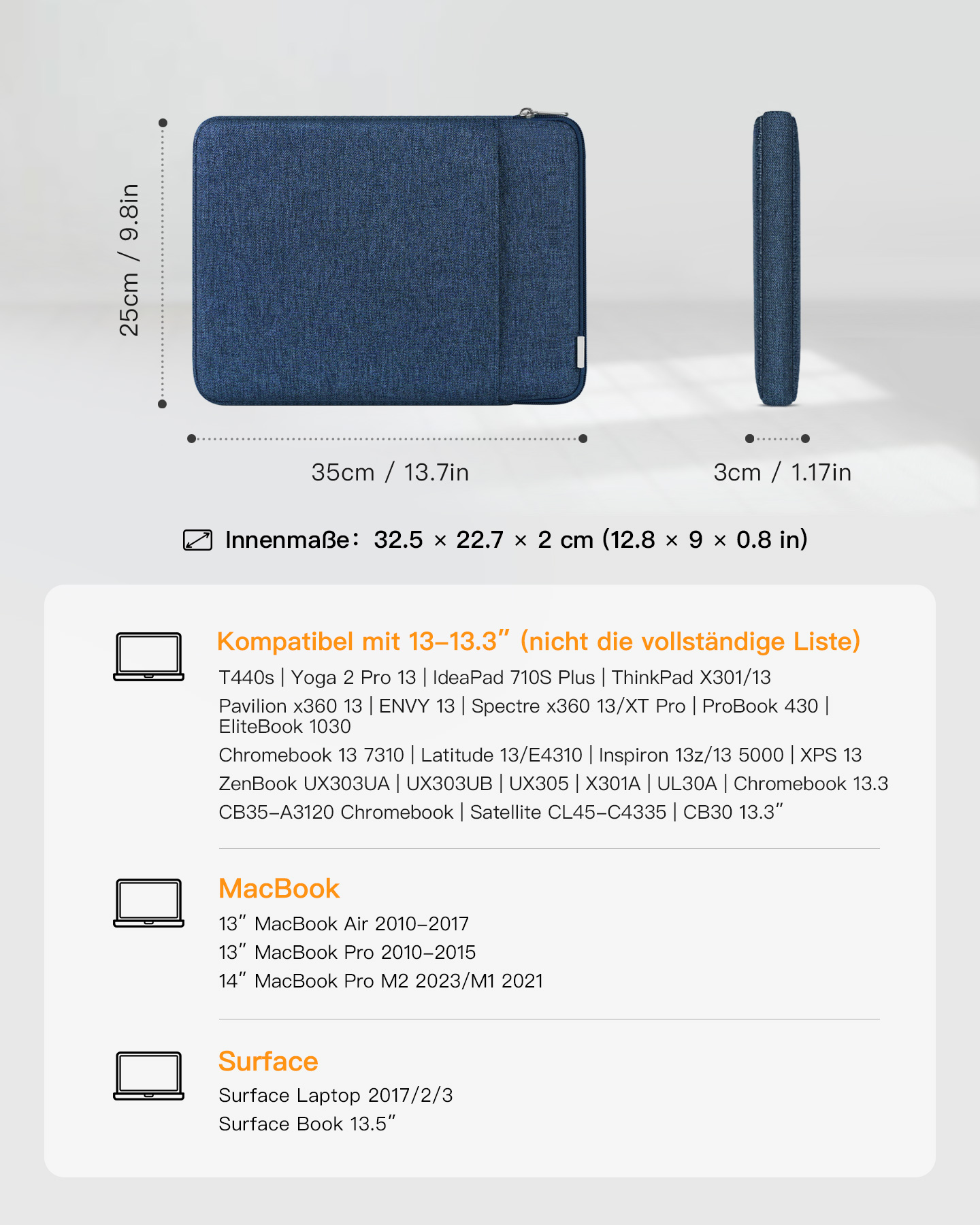 Eine blaue Laptop-Hülle mit Abmessungen und einer Liste kompatibler Geräte.