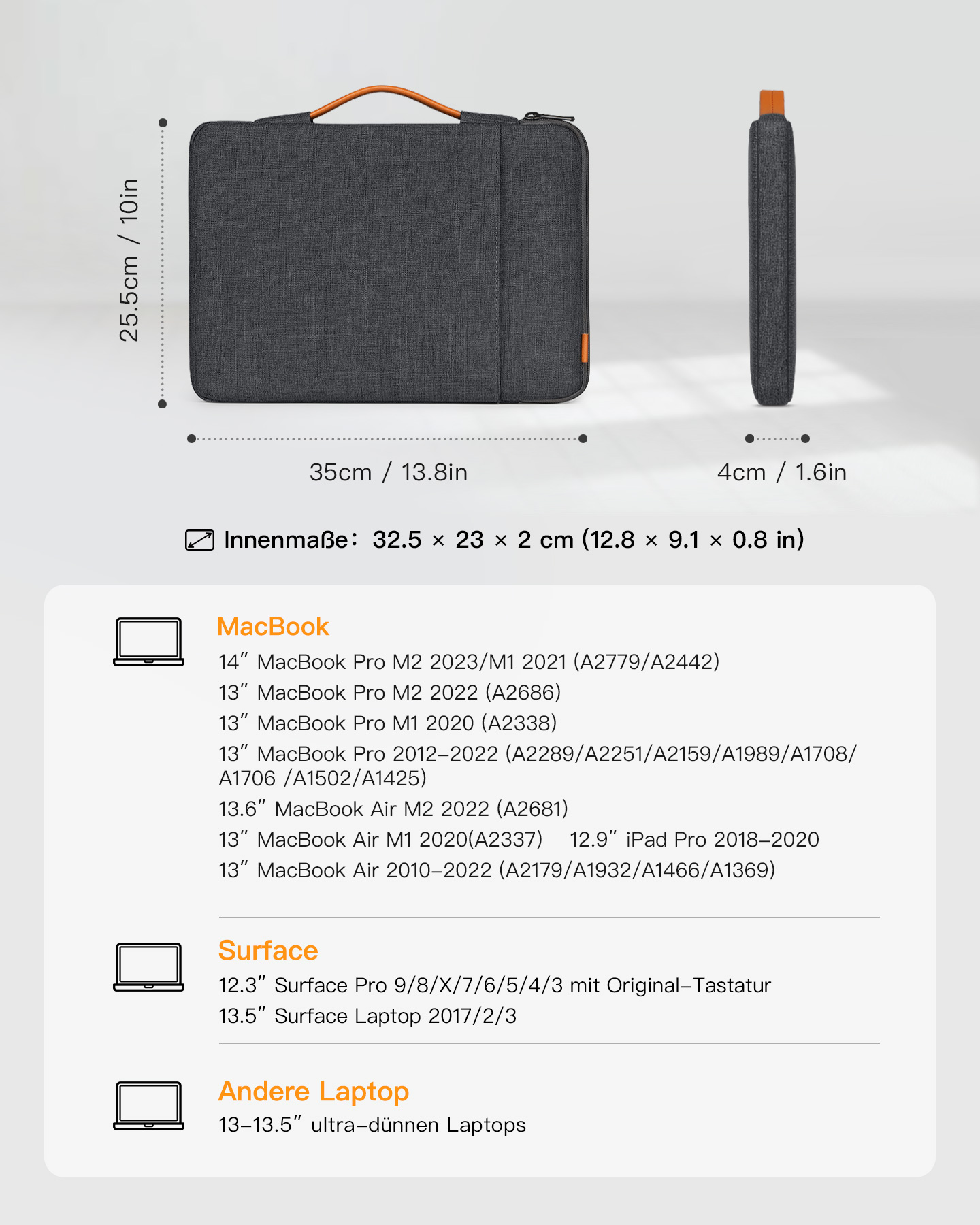INATECK Laptoptasche Hülle für Surface für Microsoft 2022-2012, Pro, Lenovo, Apple, M1 grau Surface MacBook schwarz Pro Sleeve Air/Pro Notebooktasche MacBook Pro 13\
