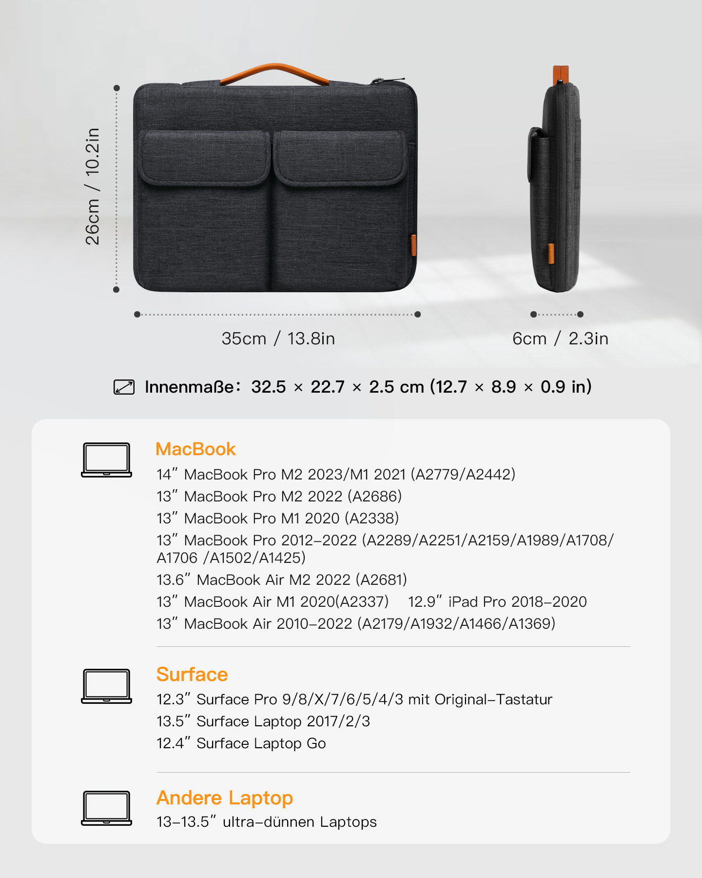 Graue Laptoptasche mit zwei Taschen, Abmessungen und einer Liste kompatibler MacBook- und Surface-Modelle.