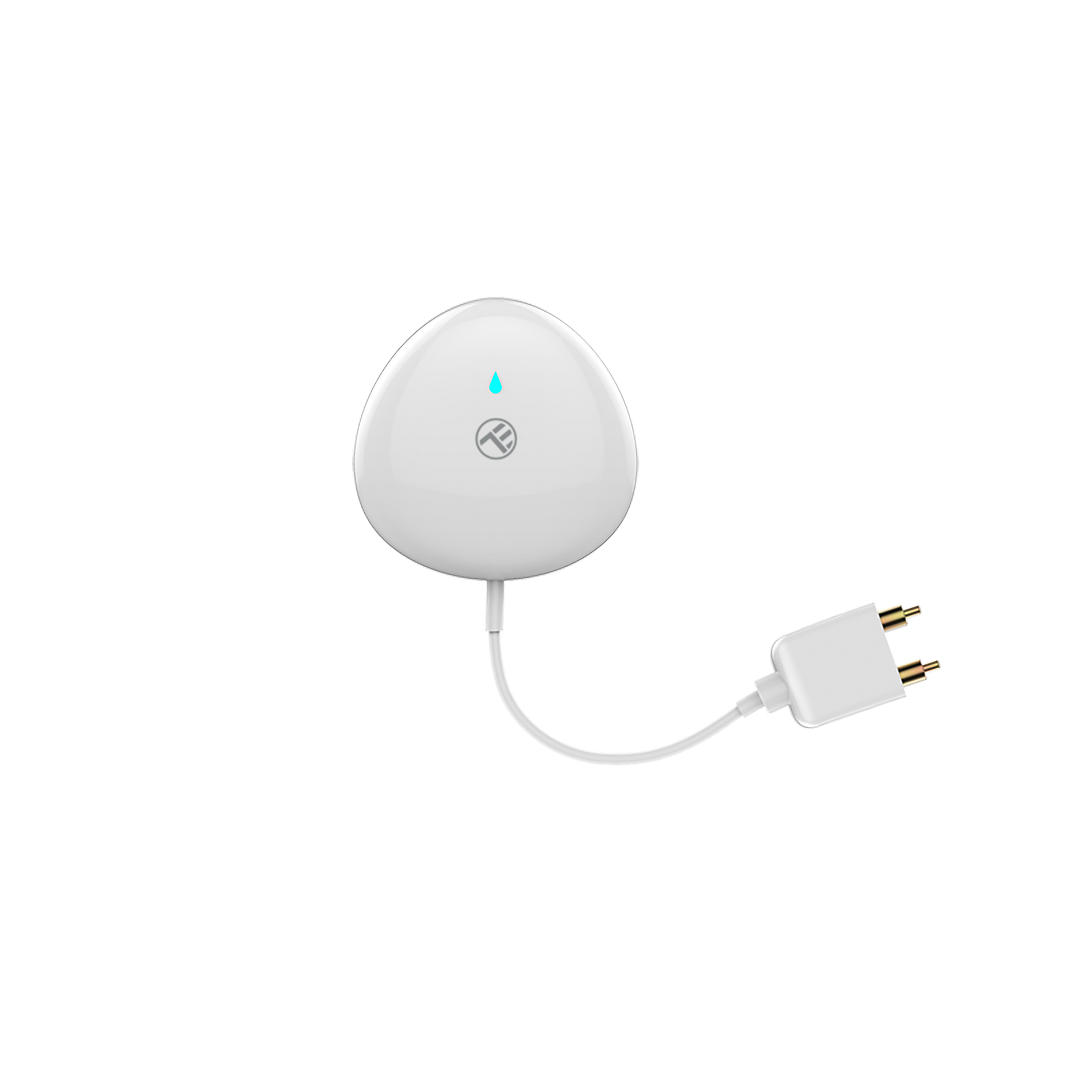 Weißes, eiförmiges Gerät mit blauem Licht, verbunden mit einem weißen Stecker.