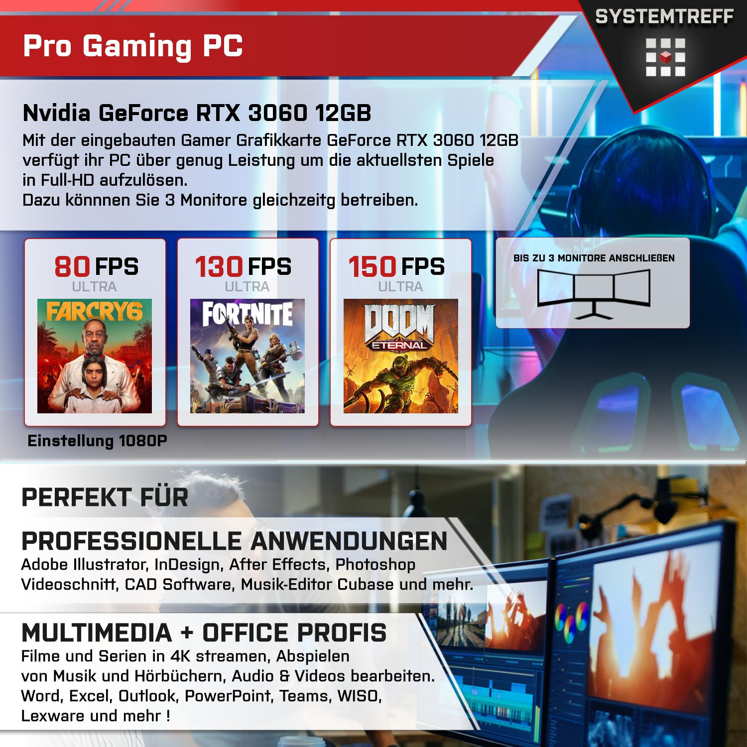 SYSTEMTREFF Gaming Komplett Intel RAM, 3060 16 GDDR6, Nvidia Core GeForce mSSD, i5-13400F mit 1000 GB Komplett GB GB RTX PC 12 Prozessor, i5-13400F, 12GB