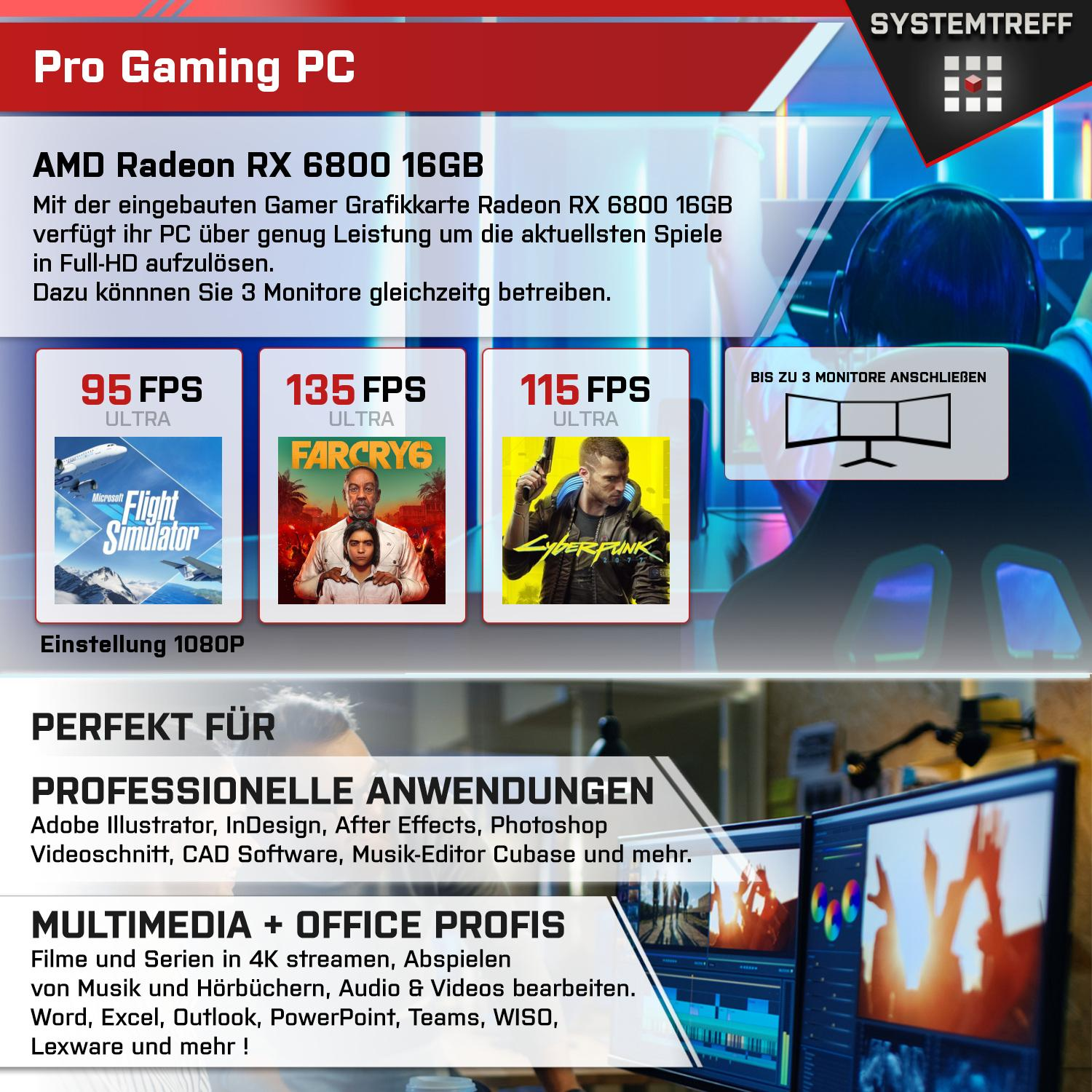 6800 Gaming GB GB Komplett 32 7800X3D RAM, PC Ryzen RX SYSTEMTREFF GB 16GB 7 mSSD, Komplett mit AMD Radeon 7800X3D, 1000 Prozessor, GDDR6, AMD 16