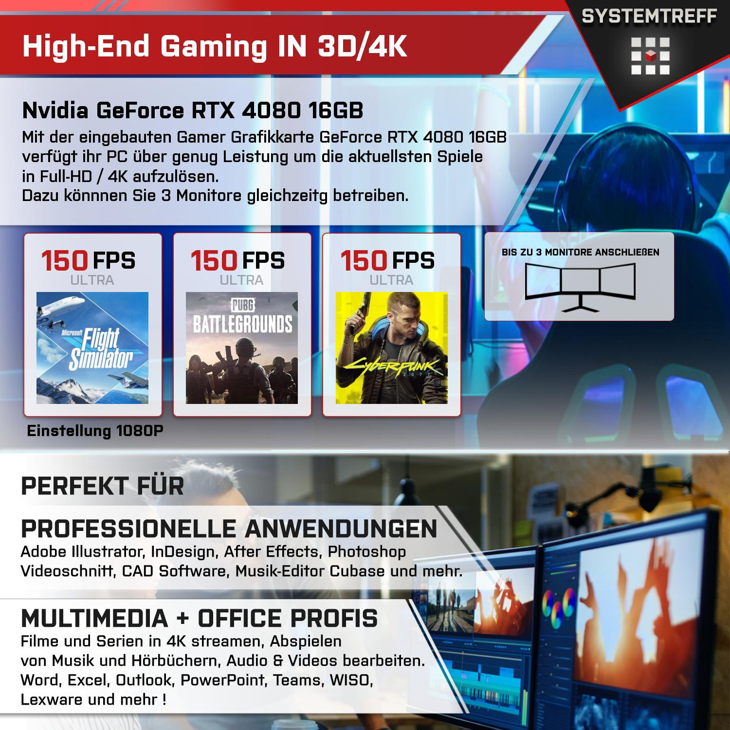 SYSTEMTREFF Gaming Komplett mit 16GB i9-13900K Intel 2000 GeForce RAM, 4080 16 GB GB Prozessor, 32 Core GB GDDR6, PC Komplett i9-13900K, mSSD, Nvidia RTX