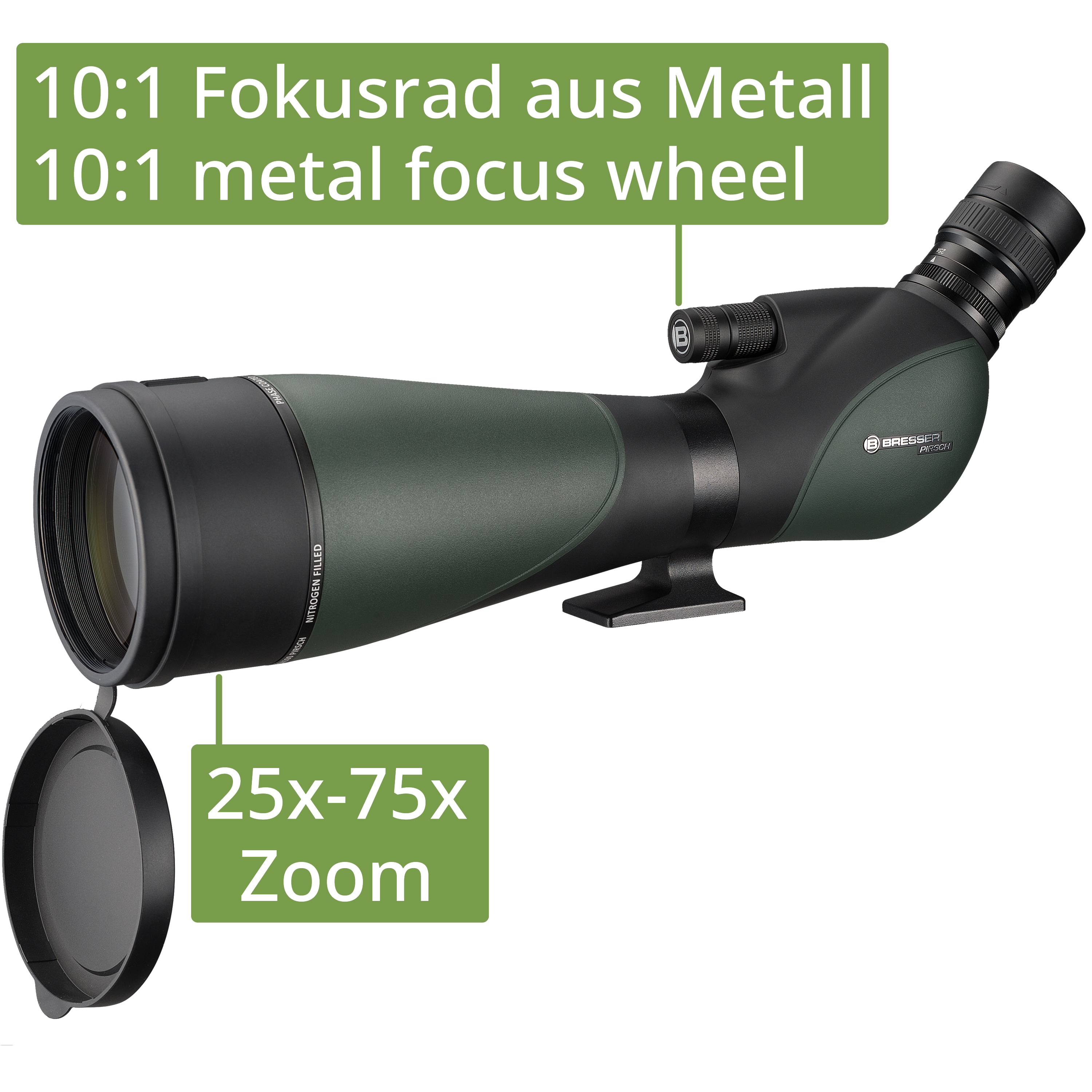 Un telescopio terrestre verde y negro con etiquetas de texto que indican las funciones de zoom y enfoque.