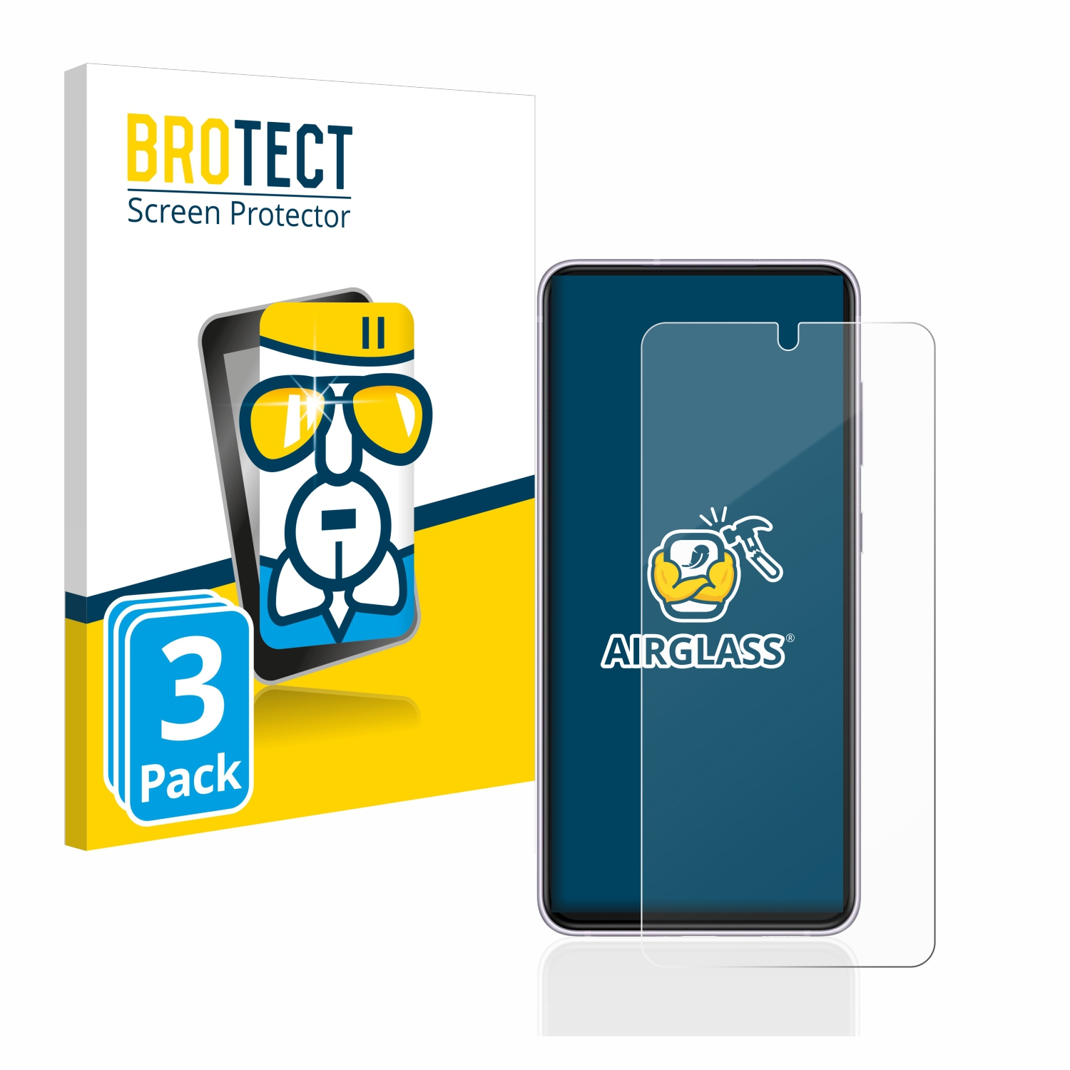 Telefon mit Displayschutz und dazugehöriger Box. Box hat einen Mann mit Brille drauf.