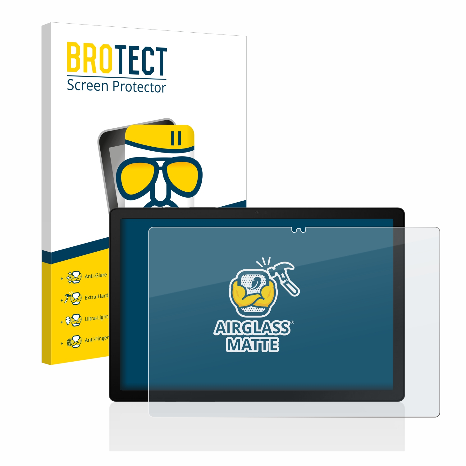 Brotect Displayschutzfolien-Box mit Tablet und Schutzfolie. Der Tablet-Bildschirm zeigt ein Logo.