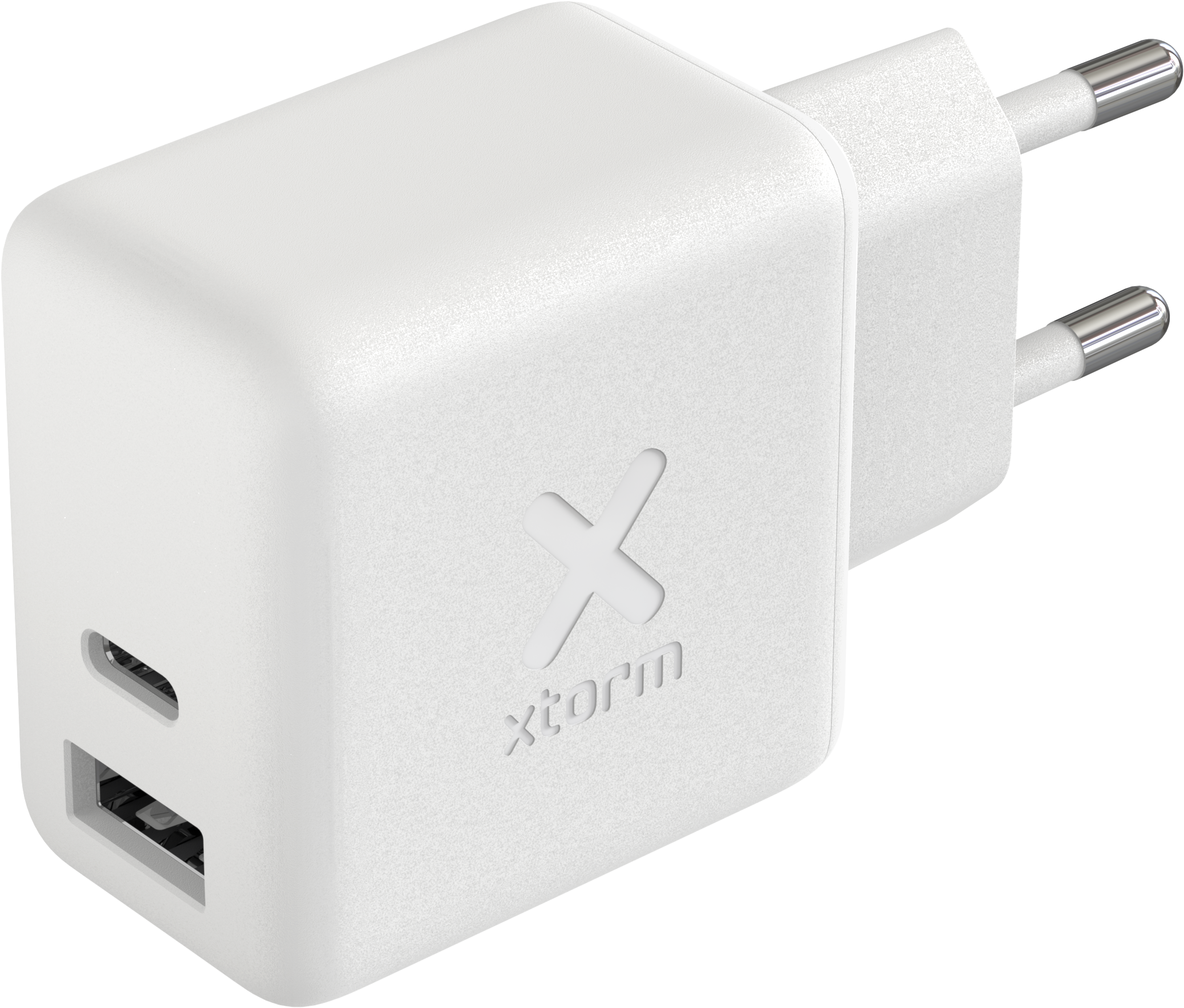 Ein weißes USB-Ladegerät mit USB- und USB-C-Anschluss, nach rechts abgewinkelt.