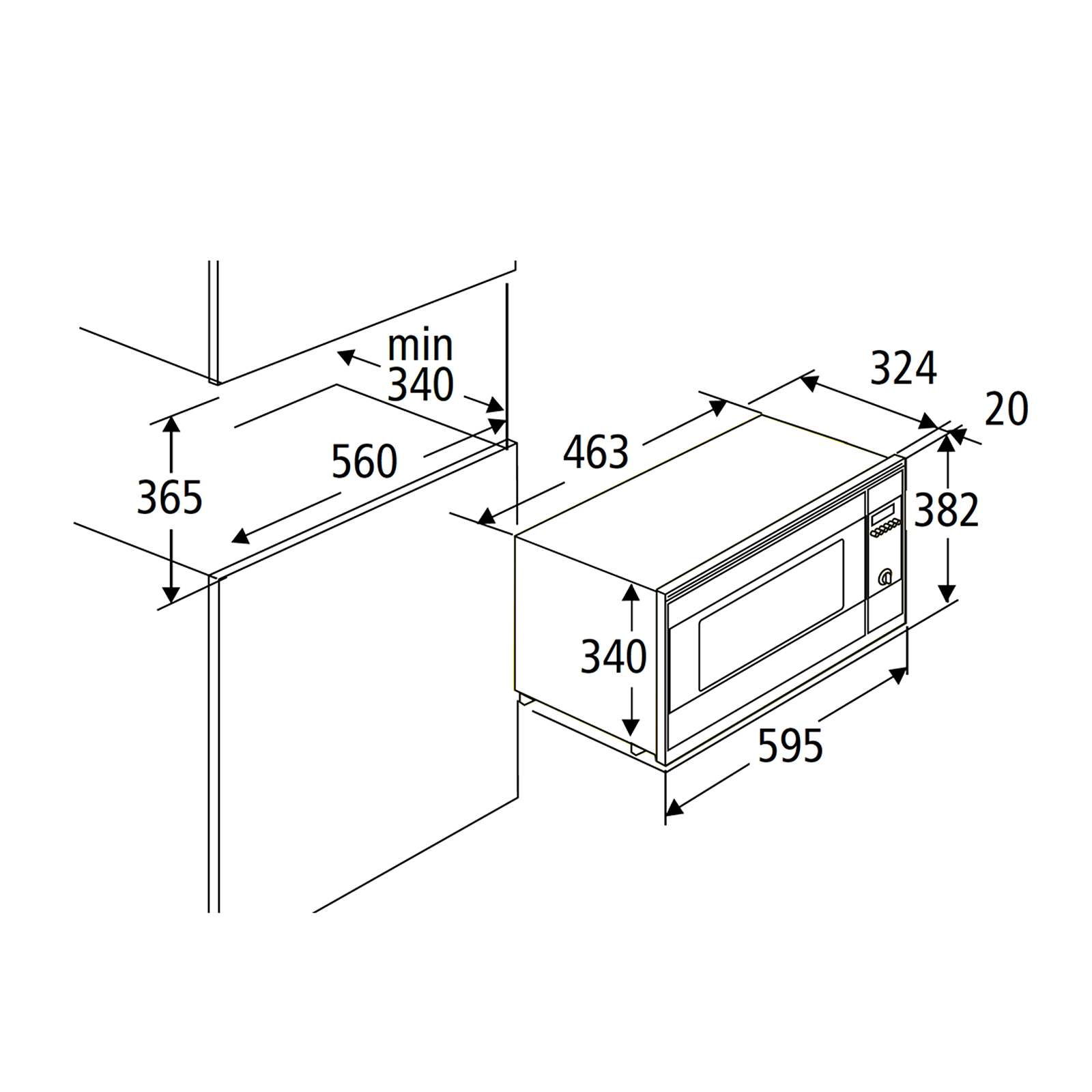 Ein Diagramm mit den Abmessungen eines Mikrowellenherds, mit einem Schrank.
