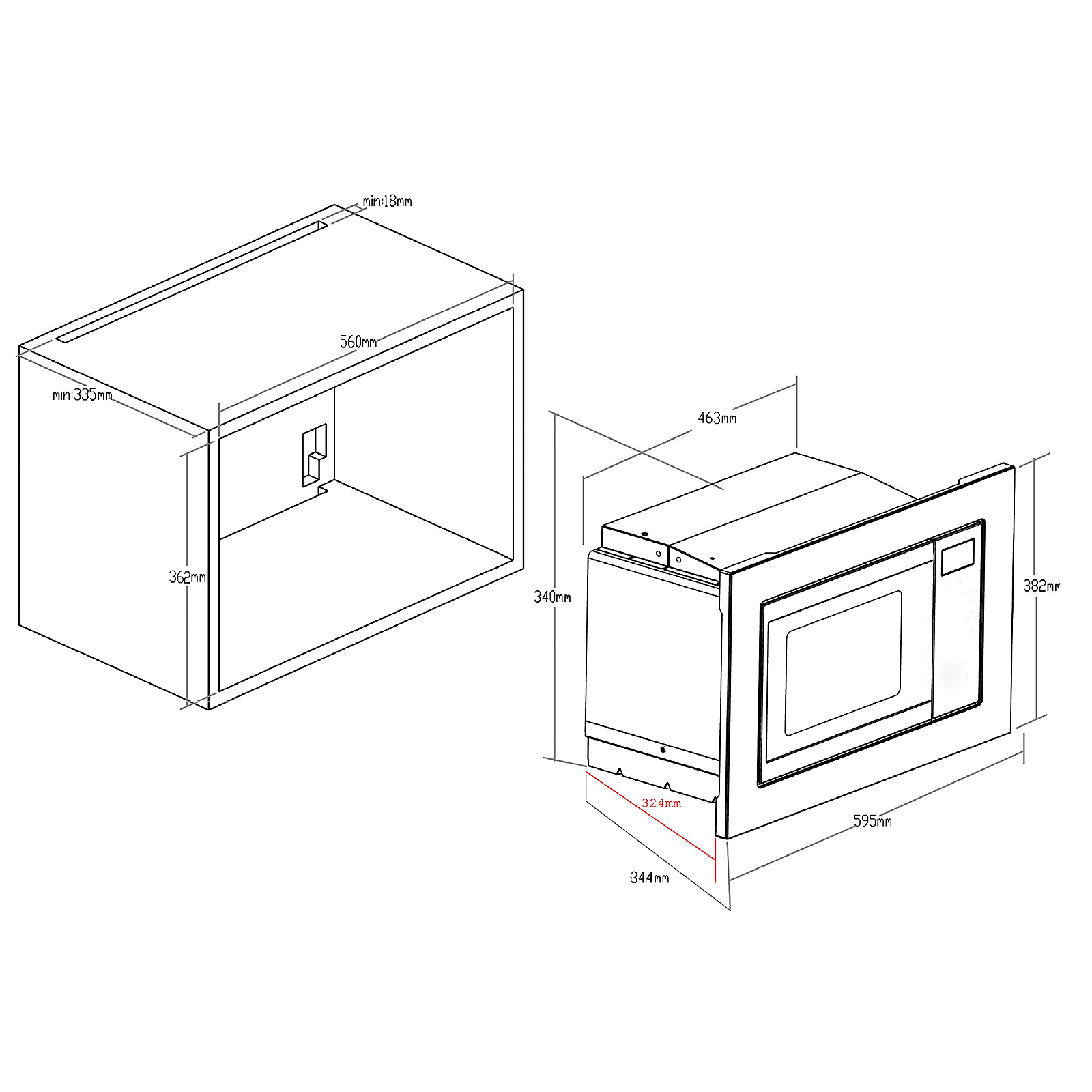 Technische Zeichnung eines Einbau-Mikrowellenofens, Abmessungen und Umrissdetails zeigend.