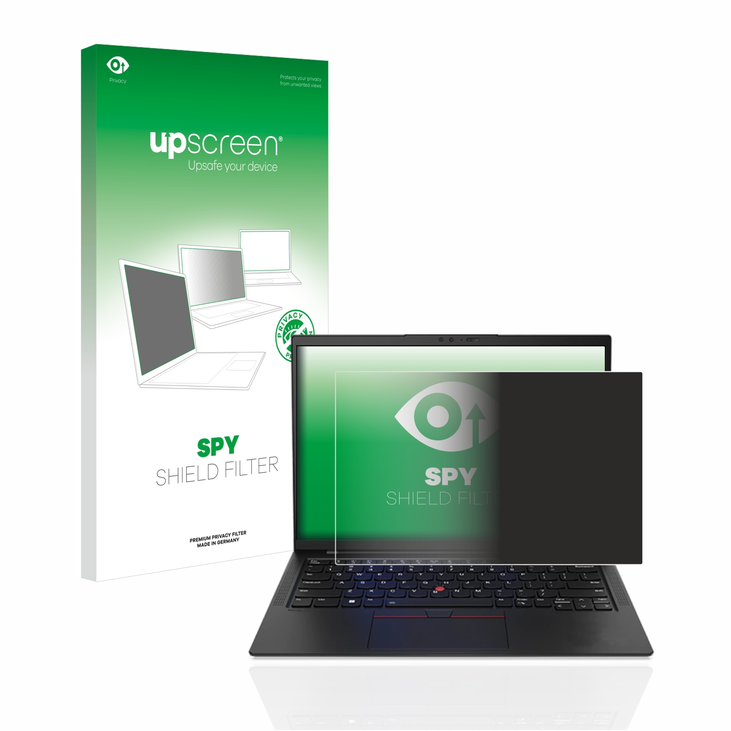 Ein Laptop mit Blickschutz vor einer Box mit ähnlichem Design.