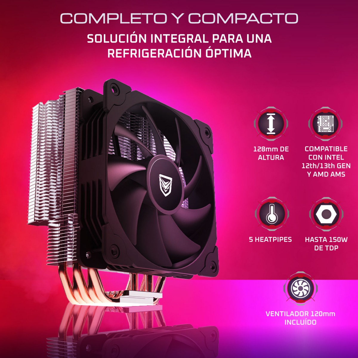 Ein schwarzer CPU-Kühler mit Lüfter und Heatpipes, mit Text über Funktionen.