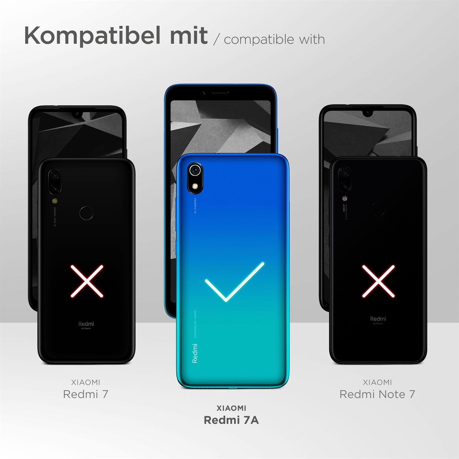 Telefone mit Hüllen, zwei mit X, eins mit Häkchen. Text: Kompatibel mit, Redmi-Modellen.