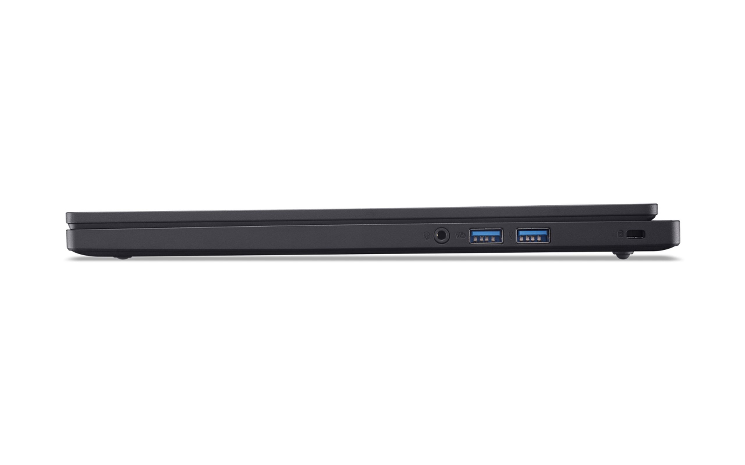 Vista laterale di un laptop nero chiuso. Le porte USB sono visibili.
