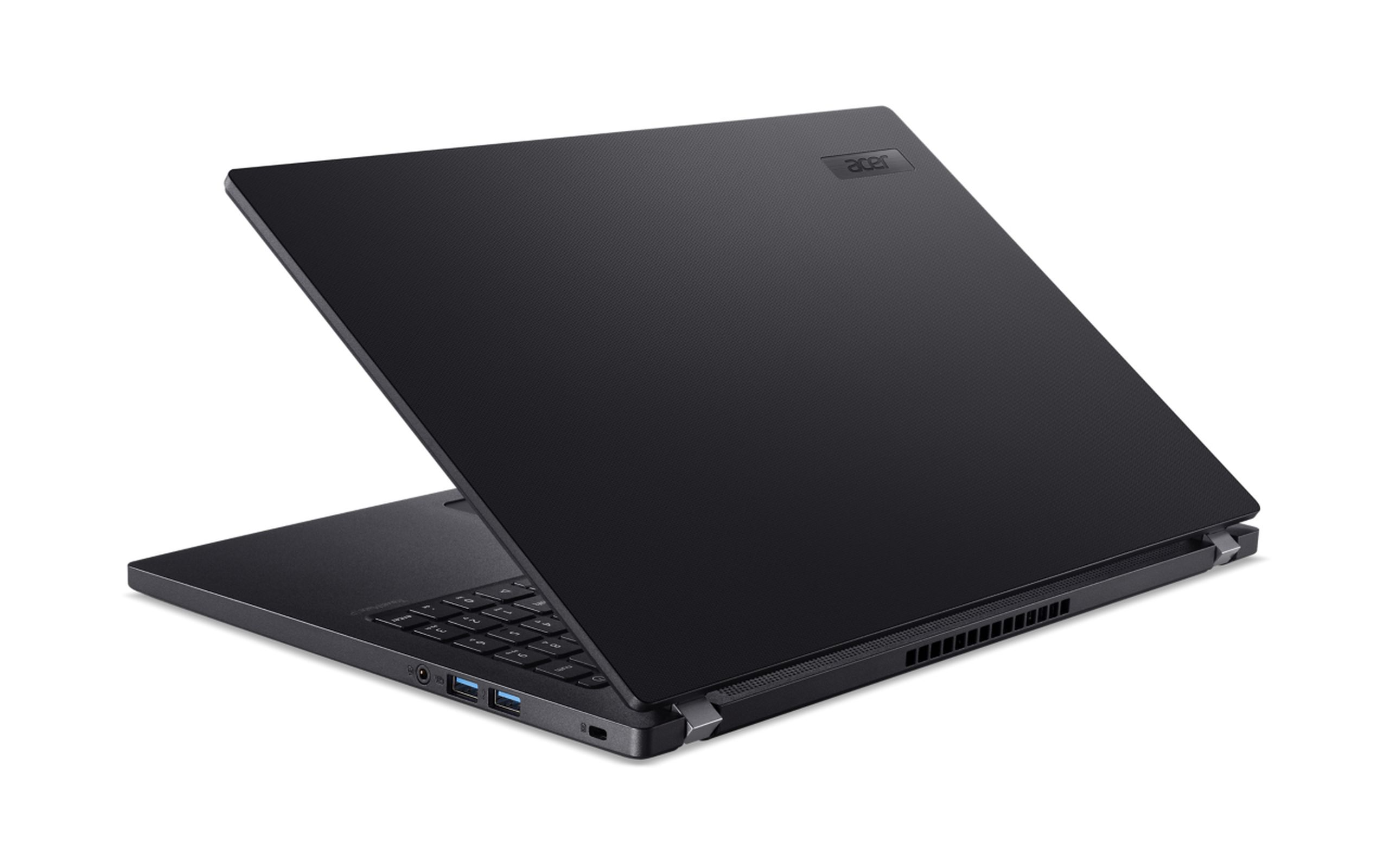 Un laptop Acer nero è leggermente aperto, mostrando la tastiera e il touchpad, su una superficie bianca.