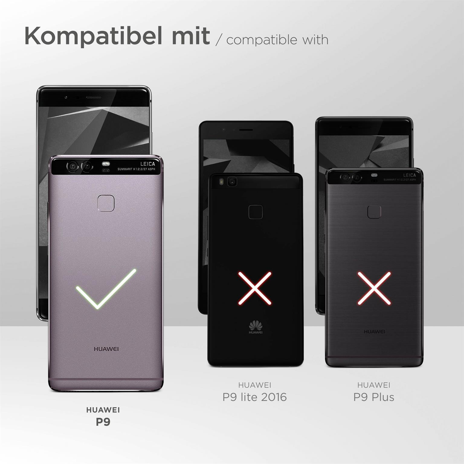 Smartphone-Bild. P9 mit Häkchen und P9 Lite 2016 und P9 Plus mit roten X-Markierungen auf weißem Hintergrund.