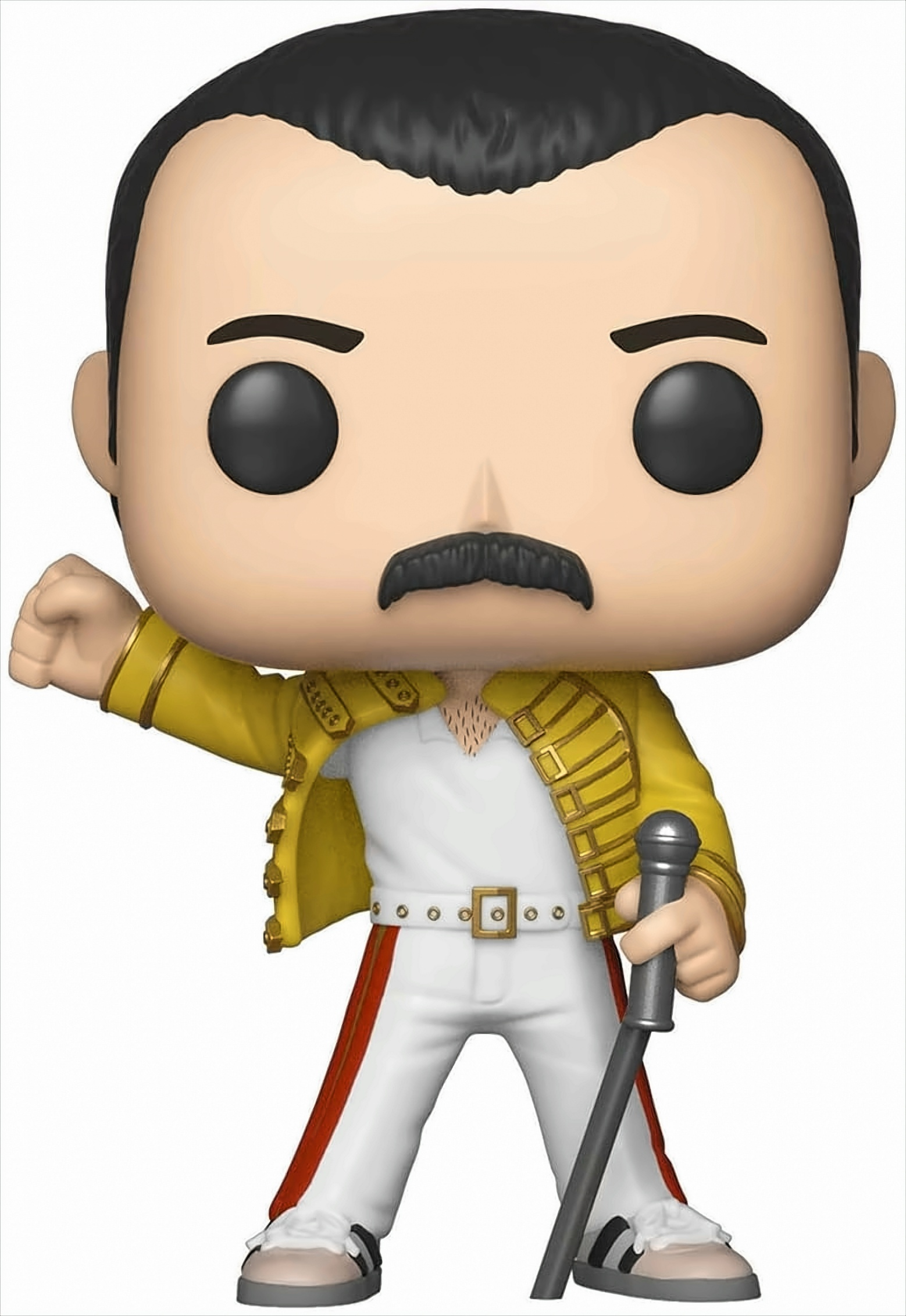 Una figura Funko Pop di Freddie Mercury con giacca gialla e pantaloni bianchi, che tiene un microfono.