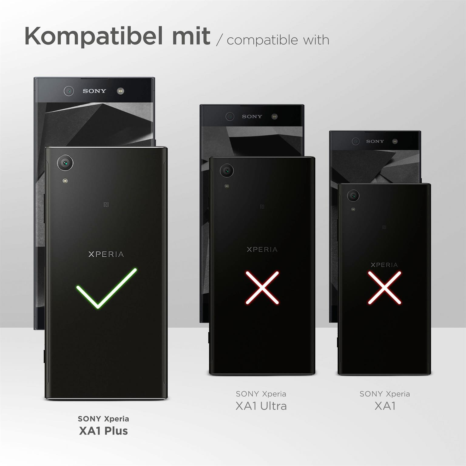Drei schwarze Telefone mit Sony Xperia XA1 Plus, XA1 Ultra und XA1, die Kompatibilität zeigen.