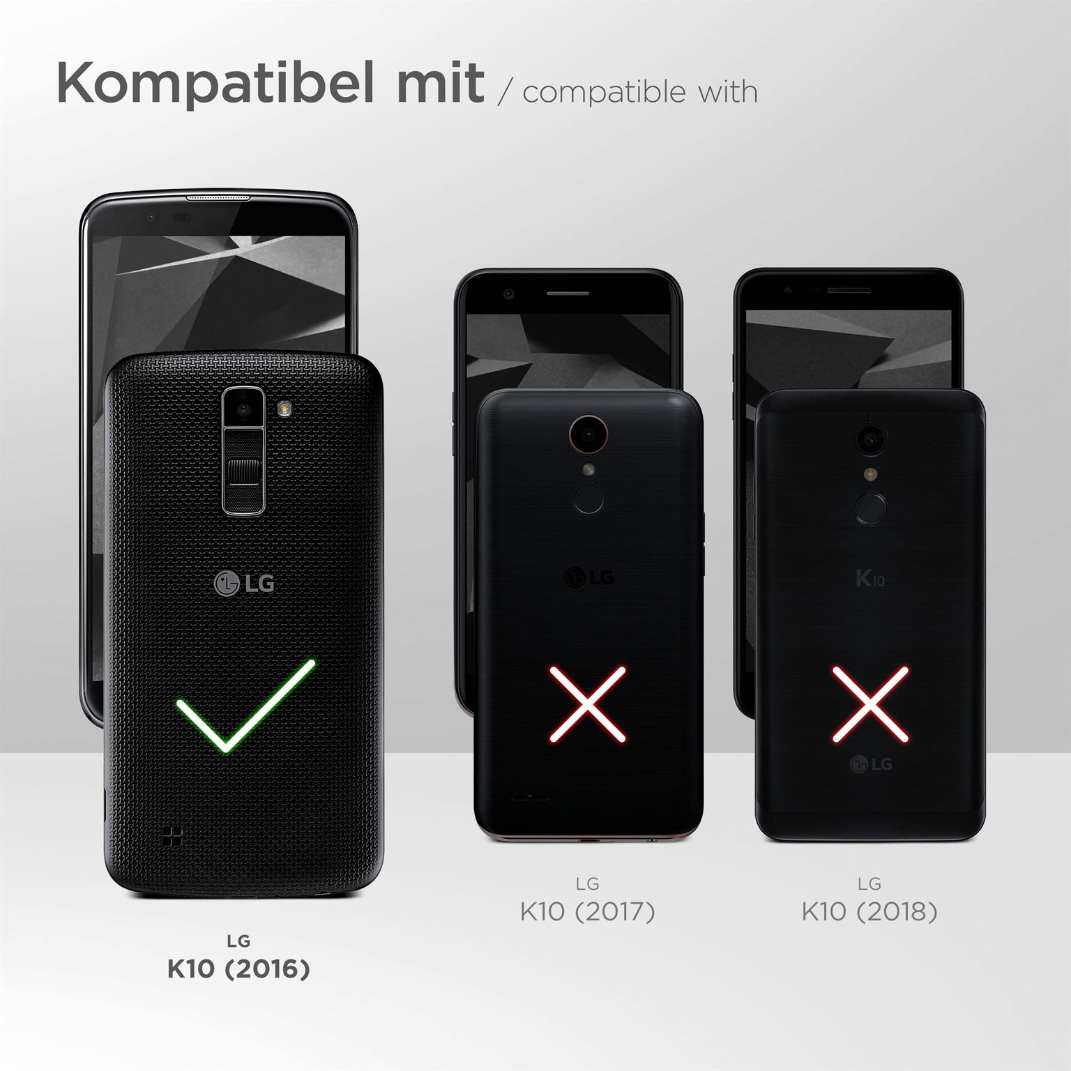 Vier Telefone, eins kompatibel. LG K10 (2016) ist kompatibel, andere nicht. Weißer Hintergrund.